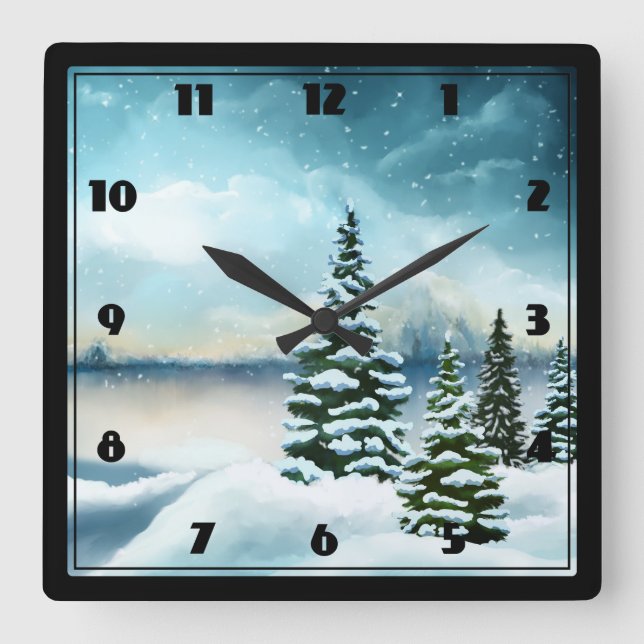 Horloge Carrée Peinture d'aquarelle Pittoresque Winter Wonderland (Recto)