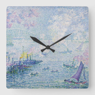 Horloge Carrée Peinture d'art fin Port maritime Navires Pont Bleu
