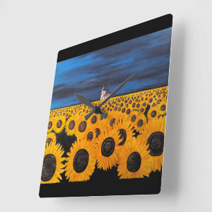Horloge Carrée Peinture de champ de tournesol par Alfred Fox