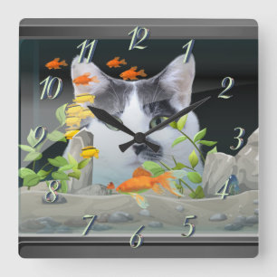 Horloge Carrée Peinture de chat personnalisée dans un réservoir d