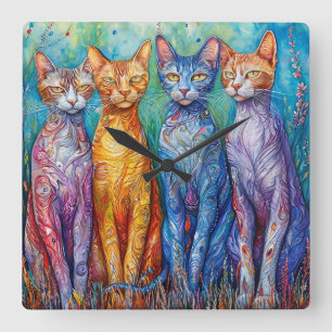 Horloge Carrée Peinture de chats colorés mignons