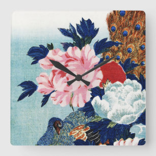 Horloge Carrée Peinture de fleurs de paon et de pivoines vintage
