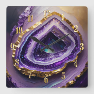 Horloge Carrée Peinture de la géode violet et or
