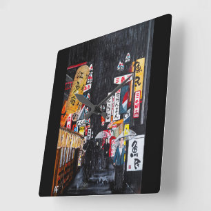 Horloge Carrée Peinture de la pluie à Tokyo par Alfred Fox