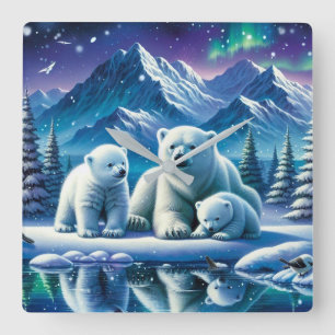 Horloge Carrée Peinture de la scène neigeuse de la famille des ou