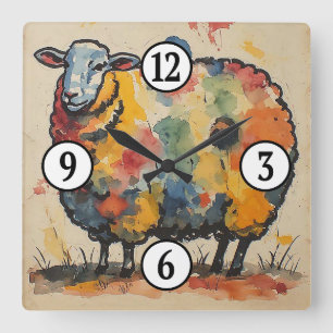 Horloge Carrée Peinture de mouton à l'aquarelle ludique