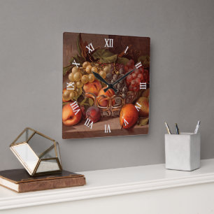 Horloge Carrée Peinture de nature morte antique de fruits d'autom