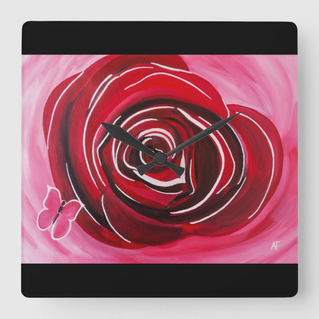 Horloge Carrée Peinture de Rose Papillon par Alfred Fox (Recto)