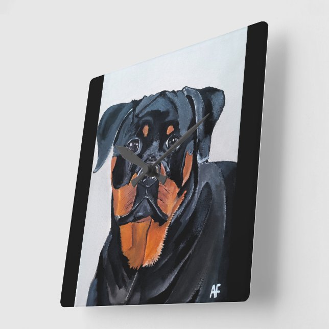 Horloge Carrée Peinture de Rottweiler par Alfred Fox (Angle)
