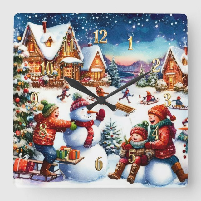 Horloge Carrée Peinture d'enfants Hiver amusant Snowmen Dormir (Recto)