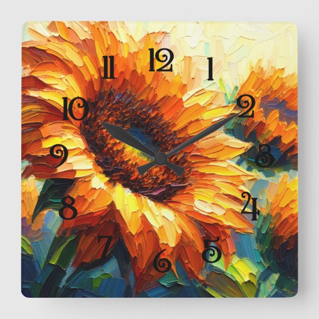 Horloge Carrée Peinture Impasto des tournesols (Recto)
