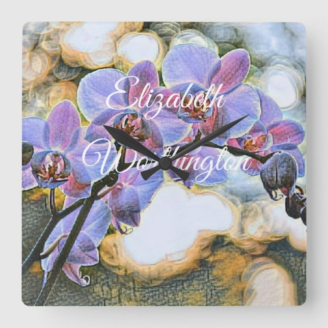 Horloge Carrée Peinture moderne violet bleu orchidée Fleurs (Recto)
