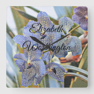 Horloge Carrée Peinture moderne violet bleu orchidée Fleurs