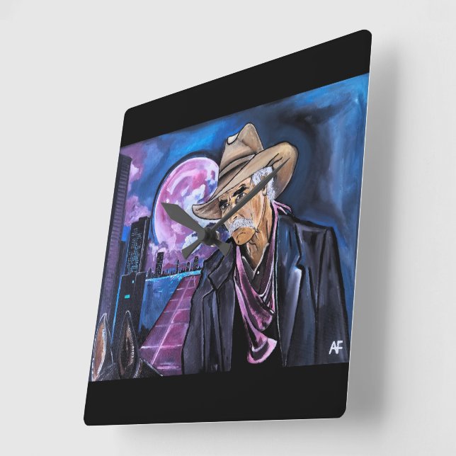 Horloge Carrée Peinture Neon Moon par Alfred Fox (Angle)