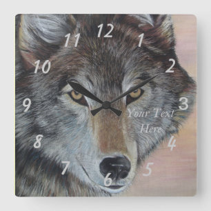 Horloge Carrée peinture réaliste de la faune du loup gris