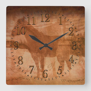 Horloge Carrée Peinture Rustique Cheval, Art Equin pour les amate