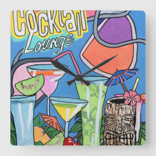 Horloge Carrée Peinture tropicale de salon de mod Tiki de la