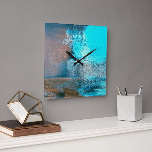 Horloge Carrée Peinture turquoise texturée et abstrait rouillé (Bureau)