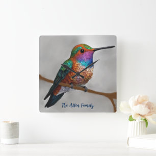 Horloge Carrée Peinture vibrante de colibri d'Allen