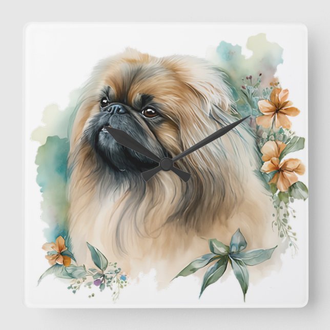 HORLOGE CARRÉE PEKINGESE CHIEN ADORABLE AVEC FLEUR SAUVAGE (Recto)
