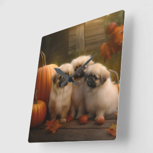 Horloge Carrée Pekingese Chiot Automne Citrouille délice