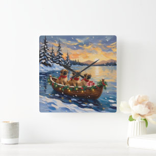 Horloge Carrée Pékinois Bateau de Noël Vacances