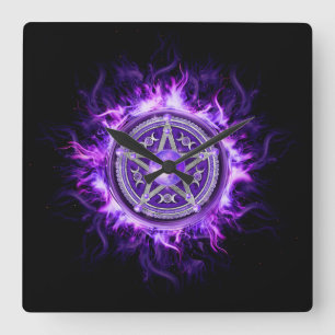 Horloge Carrée Pentagramme mauve-lune