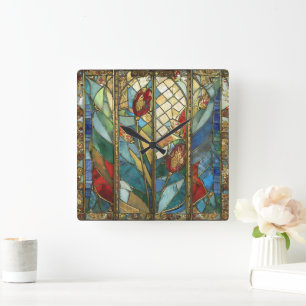 Horloge Carrée Pépites en chef rouges en verre tendu au lever du 