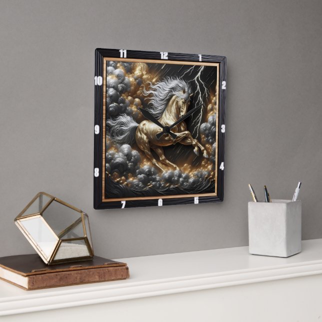 Horloge Carrée Percheron Horse Design : Or Personnalisé, Temps Mé (Bureau)