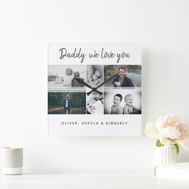 Horloge Carrée Père avec enfants et famille papa Collage (Maison)