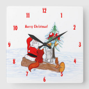 Horloge Carrée Père Noël avec Renard de lapin et écureuil