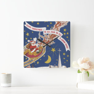 Horloge Carrée Père Noël de Noël vintage avec rennes volants