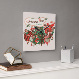 Horloge Carrée Père Noël de Noël vintage et enfants dansants