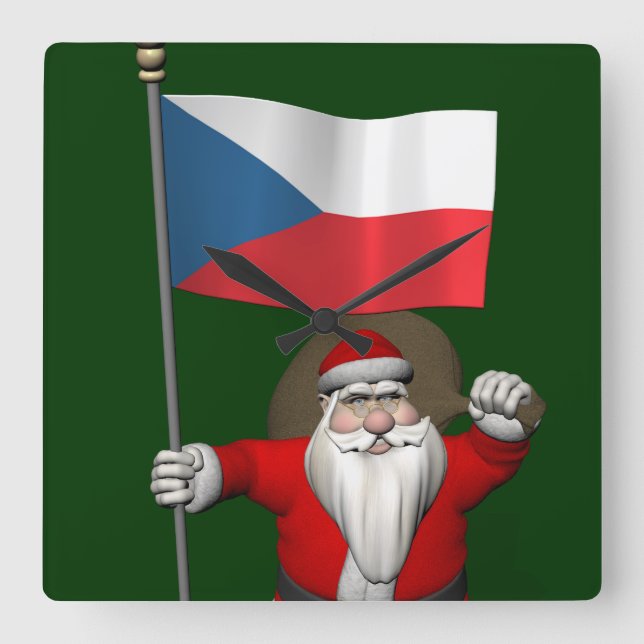 Horloge Carrée Père Noël Doux Avec Drapeau De République Tchèque (Recto)