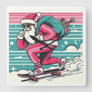 Horloge Carrée Père Noël en skateboard