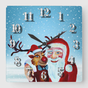Horloge Carrée Père Noël magique à l'aquarelle souriant Rudolph