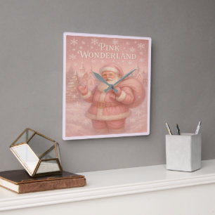 Horloge Carrée Père Noël merveilleux rose enchanté 