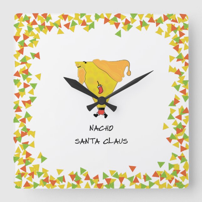 Horloge Carrée Père Noël Nacho avec chips (Recto)