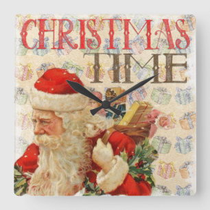 Horloge Carrée Père Noël rétro avec des présentateurs et l'heure