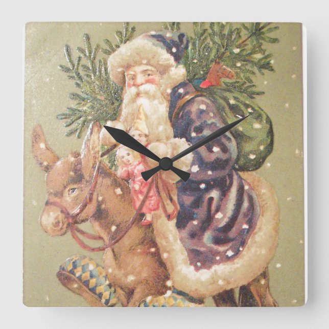 Horloge Carrée Père Noël Riding Donkey (Recto)