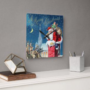Horloge Carrée Père Noël victorien de Noël vintage sur une chemin