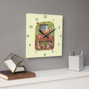 Horloge Carrée Père Noël vintage avec des lutins dans l'atelier d
