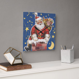 Horloge Carrée Père Noël vintage, La Nuit avant Noël