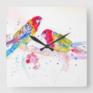 Horloge Carrée Perroquet Rosella Rouge Perruches Oiseaux Aquarell
