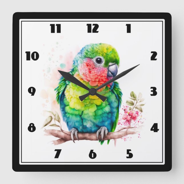 Horloge Carrée Perroquet vert - Bébé mignon oiseau (Recto)