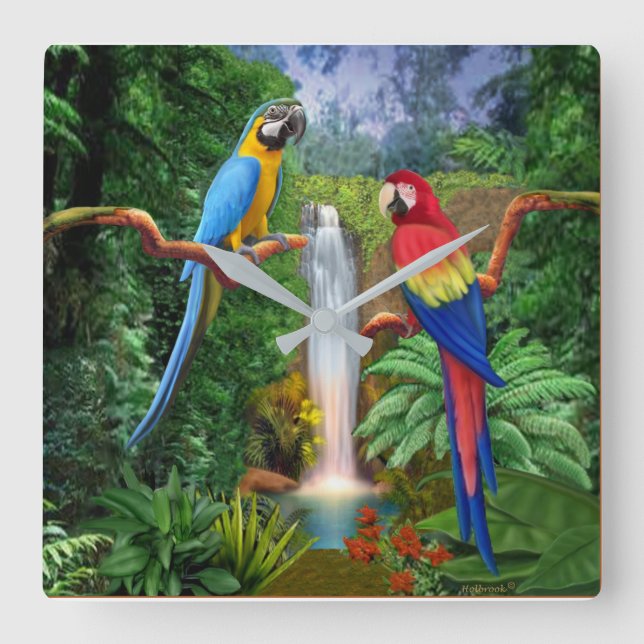 Horloge Carrée Perruches Tropicales Macaw (Recto)