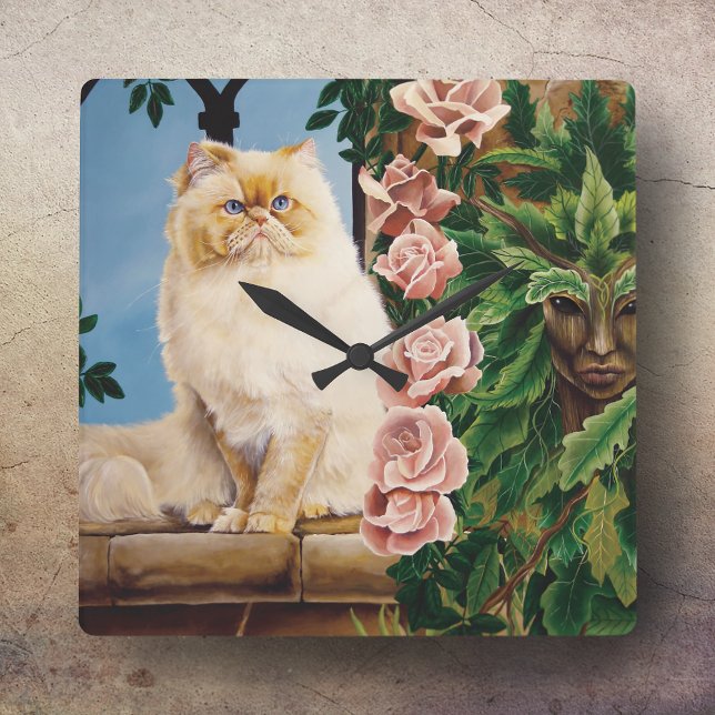 Horloge Carrée Perse Chat Rose Dryad (Créateur téléchargé)