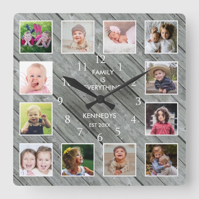 Horloge Carrée Personalized 12 Photo Collage Farmhouse Gray Wood (Recto)