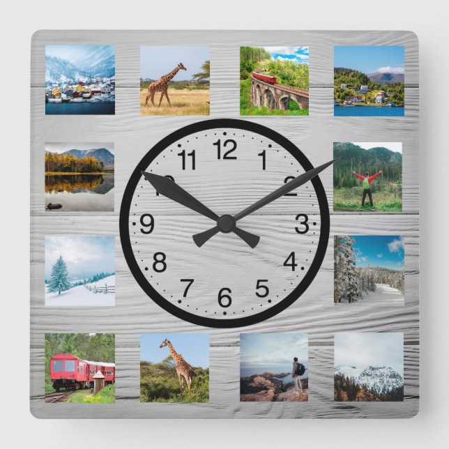Horloge Carrée Personalized 12 Photo Collage Rustic Nature (Recto)