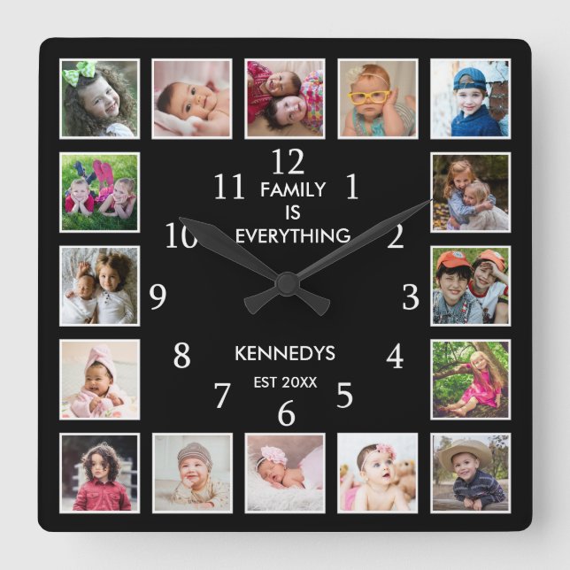 Horloge Carrée Personalized 16 Photo Collage Family Quote Black (Recto)
